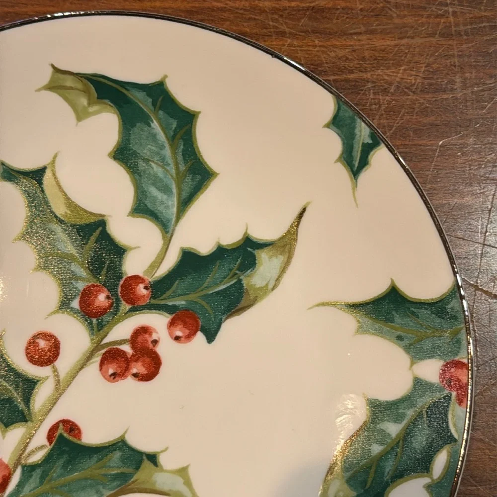 NWOT Restoration Hardware Holly Salad Plate 7 3/4” Silver Rim Christmas Holuday